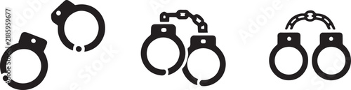 Handcuffs icons collection, law enforcement black silhouette restraint gear for criminal justice