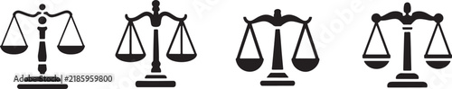 Scales of justice icons and black legal balance silhouettes for law, court, and attorney