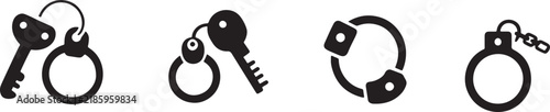 Security key and metal handcuffs collection representing law enforcement and prison containment