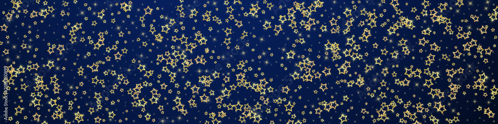 Fototapeta premium Gold sparkling star confetti. Chaotic dreamy childish overlay template. Festive stars vector illustration on dark blue background.