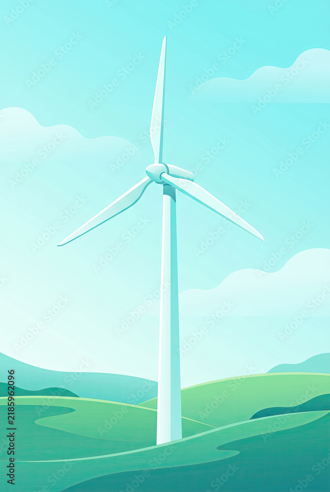 Fototapeta premium White Wind Turbine In A Green Landscape Illustration