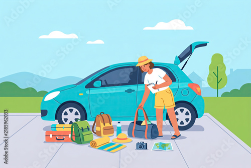 Woman Packing Luggage Into A Blue Car For A Summer Vacation