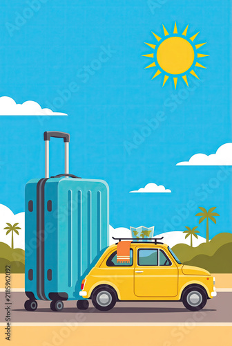 Yellow Car And Giant Blue Suitcase On A Summer Road Trip Illustration