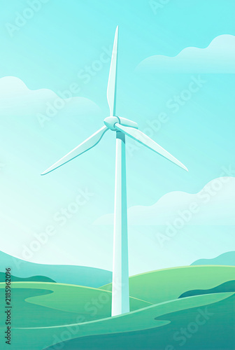 White Wind Turbine In A Green Landscape Illustration