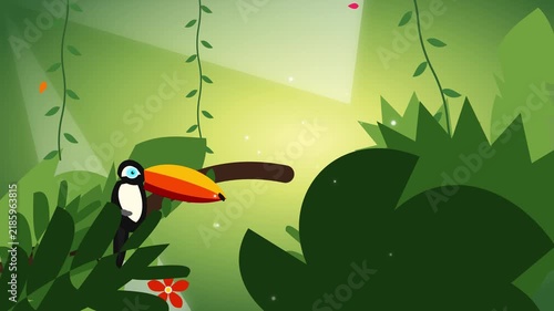 Cute toucan bird in tropical jungle animated background, flat style motion rainforest