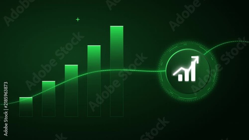 Digital financial growth chart animation: rising bar graph with hud interface for business analytics and economic success