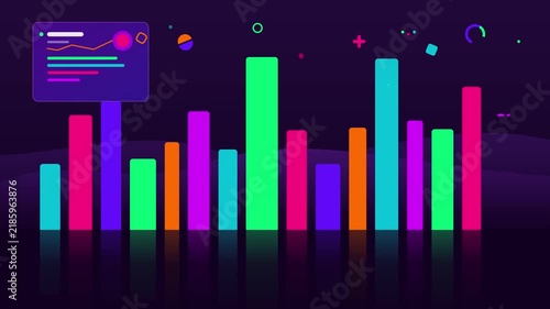 Dynamic financial bar chart animation with floating data analytics and neon ui for business growth and market analysis