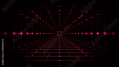Red digital grid tunnel abstract motion background, futuristic cyberpunk data stream, virtual reality perspective, high-tech sci-fi network loop