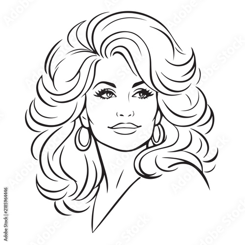 Elegant Woman Portrait Line Art with Wavy Hair and Hoop Earrings – Black and White Beauty Illustration