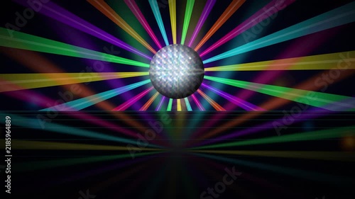 Vibrant disco ball with radiant colorful laser light beams and reflective floor background, mirror ball