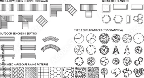 Landscape architecture design elements set with top down symbols for garden planning and site layout drafting