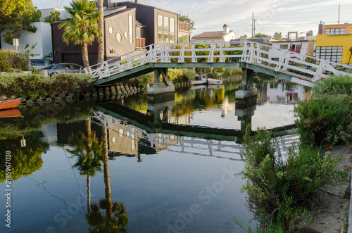 Venice Beach Canal in Los Angeles California Popular Travel Destination with Palm Trees and Waterfront Homes