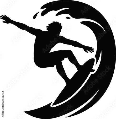 Surfer riding wave, dynamic action shot, water sport, ocean, beach lifestyle, summer.