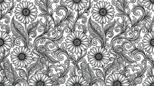 Intricate Monochrome Floral Pattern with Sunflowers and Swirls for Design and Craft Use.