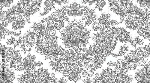 Intricate grayscale damask pattern featuring ornamental floral motifs and scrollwork as a decorative textile background.