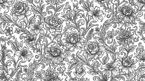 Intricate grayscale damask floral pattern suitable for textiles and wallpaper design.