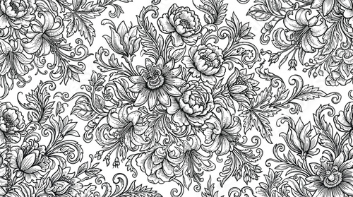 Intricate Black and White Floral Pattern with Lace Inspiration.