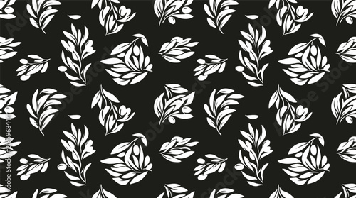 Monochrome floral seamless pattern with white blossoms and leaves on black background for textile and graphic design.