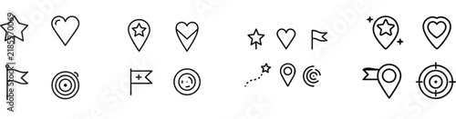 A clean, minimalist set of location pins featuring a star, heart, route flag, and radar pulse icons against a white background