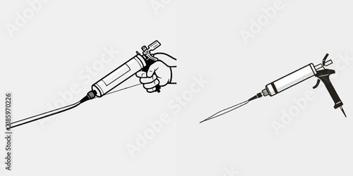 A hand skillfully applies a clean bead of silicone sealant using a black-and-white flat vector illustration of a caulk gun
