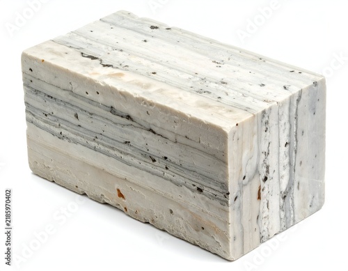 Close-up of layered block of cheese, featuring visible texture and marbling
