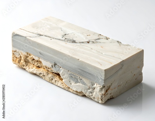 Close-up of layered stone block with varying textures and colors against a white backdrop