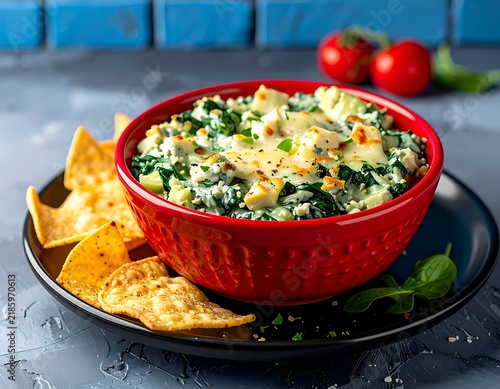 Vibrant spinach dip with cheese, served with tortilla chips, on a plate with tomatoes
