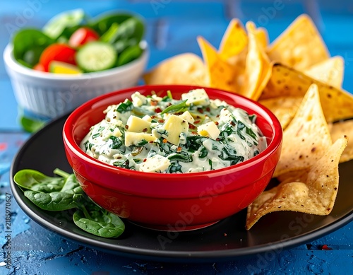 Creamy spinach dip with chips and salad on a blue wood table, close-up shot