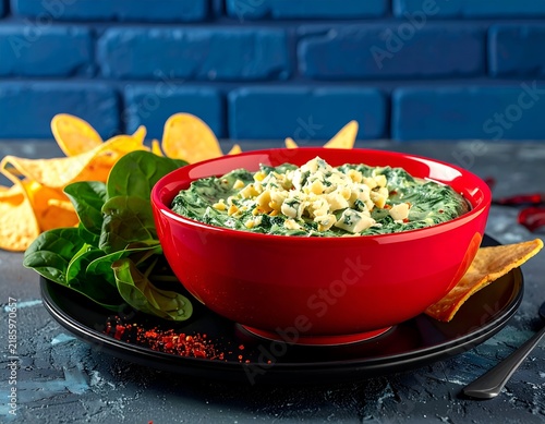 Vibrant spinach dip in red bowl, surrounded by chips, spinach, and blue brick background