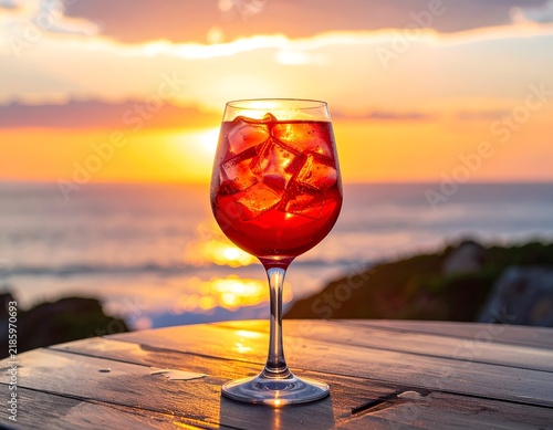 A vibrant red cocktail with ice sits on a wooden table overlooking the ocean during sunset