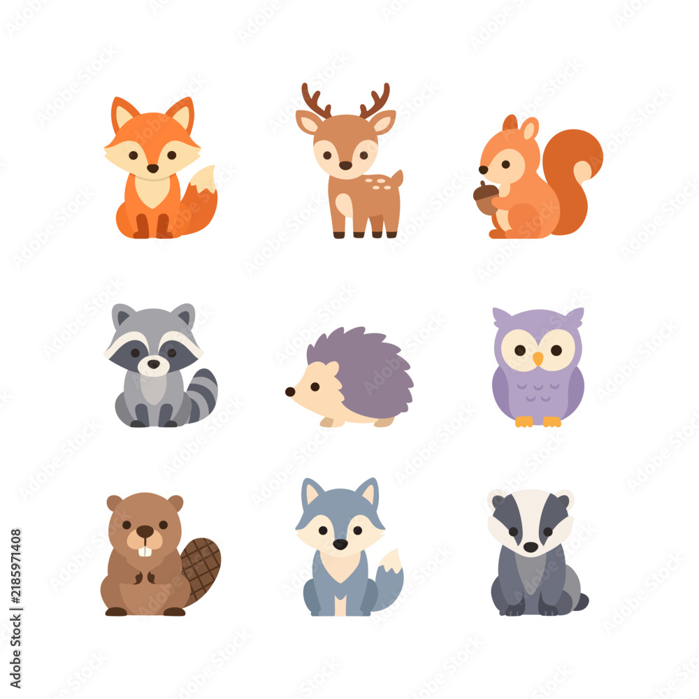 Fototapeta premium Cute Woodland Forest Animals Flat Vector Illustration Set