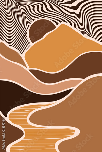 Abstract topographic landscape with flowing contour lines and layered organic terrain forms in warm earthy tones