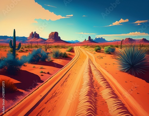 ai generated ai generative sand desert hot dirty road path outdoor arizona western nature landscape background road trip travel adventure explore vibe graphic art