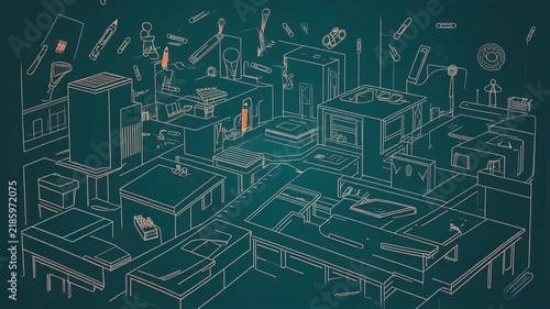 Abstract digital blueprint animation with orange pencil accent on teal background