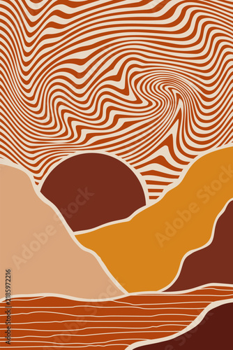 Abstract topographic landscape with flowing contour lines and layered organic terrain forms in warm earthy tones