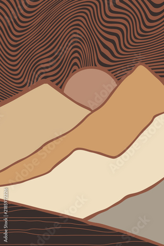 Abstract topographic landscape with flowing contour lines and layered organic terrain forms in warm earthy tones