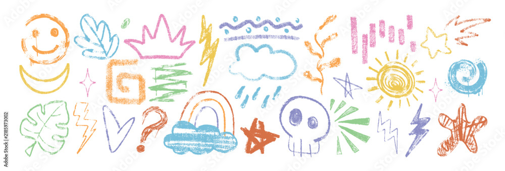 Fototapeta premium Hand drawn colorful crayon doodle kid elements, line shapes, squiggles. Set of chalk pencil texture cute baby summer icons. Freehand charcoal leaves, rainbow, stars, childish scribbles in sketch style
