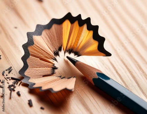 close up of a sharpened pencil with graphite and wood shavings