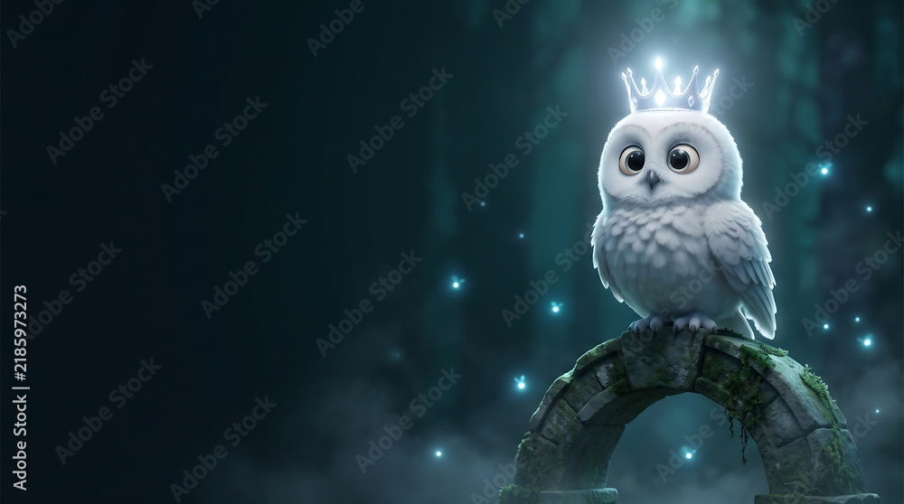 Fototapeta premium Magical white owl wearing a glowing crystal crown, perched on a mossy stone archway in a mysterious forest of floating blue lights