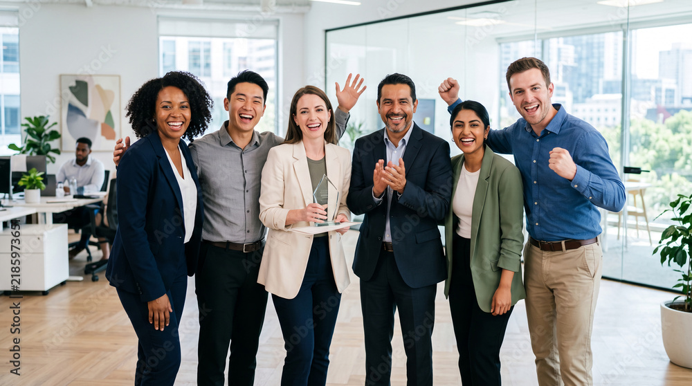 Fototapeta premium A diverse group of professionals celebrating success with smiles and raised fists, symbolizing teamwork and achievement in a modern office setting