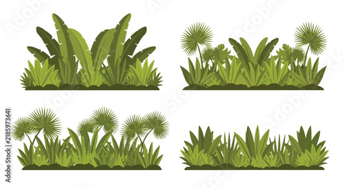 Set of four isolated tropical plant bushes and jungle foliage elements.