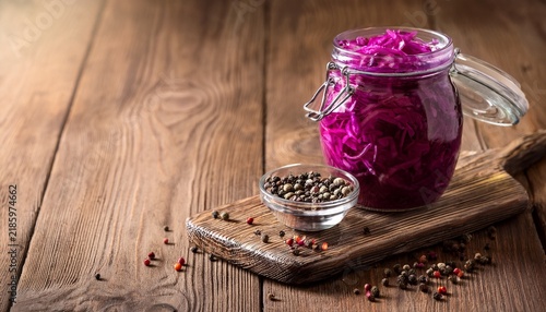 Obraz w ramie jar of tasty red sauerkraut with peppercorns on wooden background
