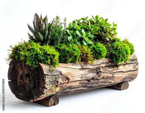 A succulent and moss arrangement thriving in a hollowed-out log planter