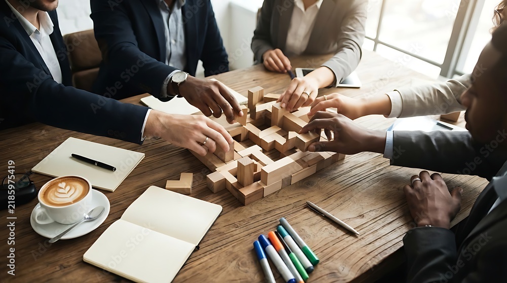 Fototapeta premium Diverse Business People Building Wooden Block Puzzle in Office Meeting for Teamwork and Strategy Concept