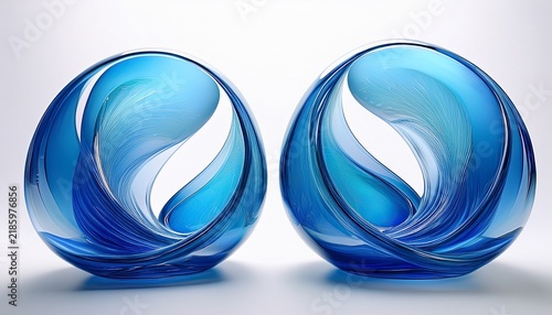 two abstract sculptural made of translucent blue glass on white background