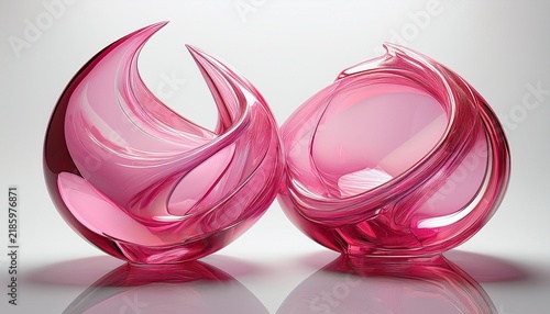 two abstract sculptures made of translucent pink glass on white background