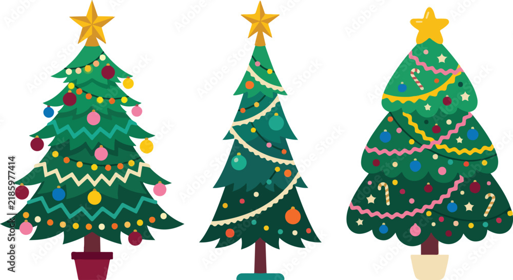 Fototapeta premium Set of three decorative christmas trees with colorful ornaments and golden stars isolated on a white background for holiday design
