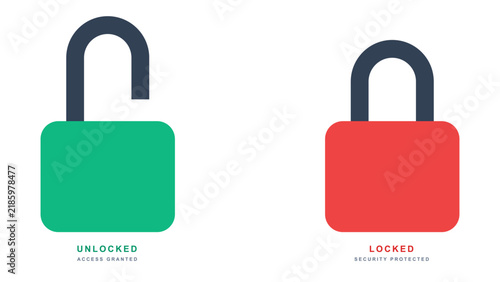 Flat Design Padlock Icon Set Showing Green Unlocked and Red Locked States for Cybersecurity and Access Control UIs