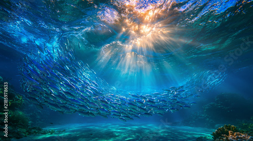 海中に差し込む太陽光の下を泳ぐ大きな魚群