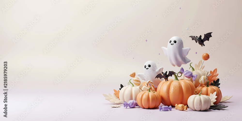 Obraz premium Cute 3D Halloween Banner with Friendly Ghosts, Pumpkins, Candies, and Copy Space on Pastel Background